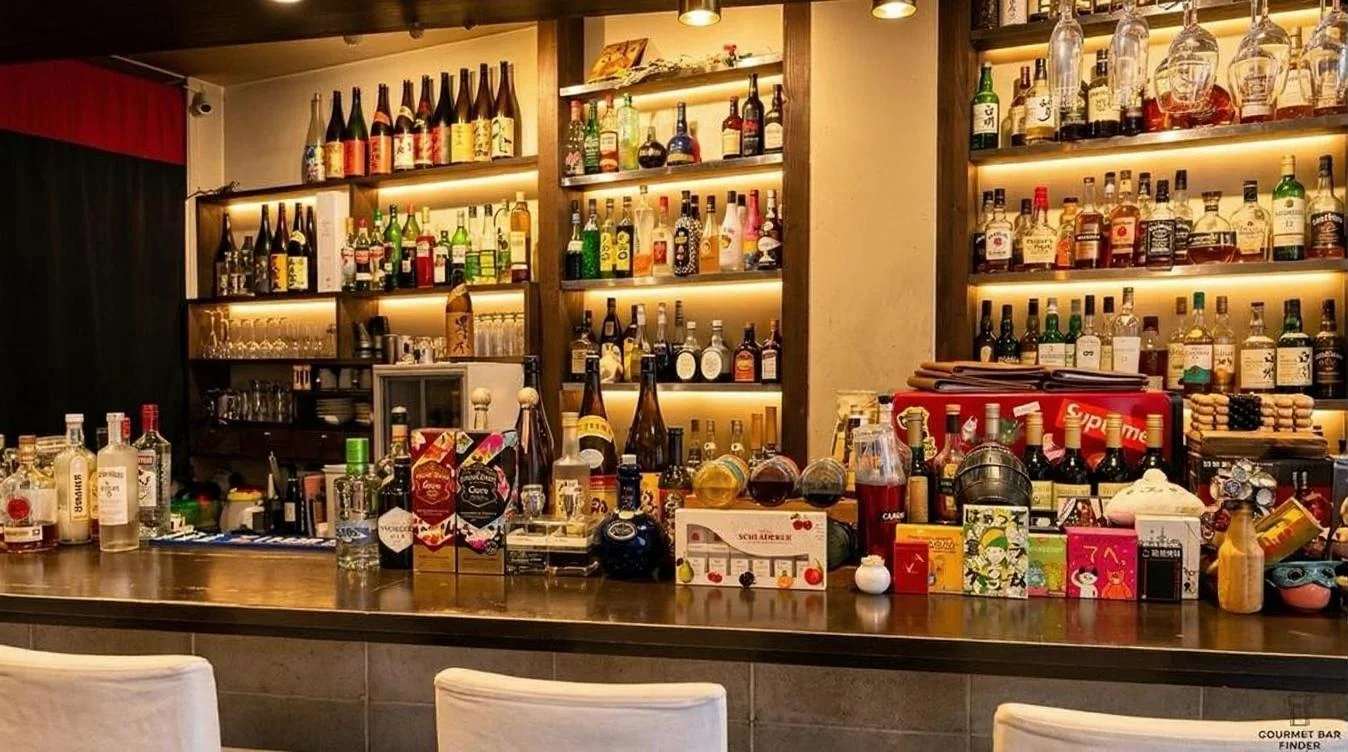 照明に照らされたボトルとカウンター席が並ぶSwellの店内